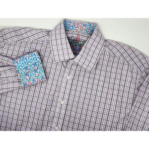 Robert Graham Men Long Sleeve Button Up Shirt Flip Cuff Purple Gray Plaid Size L